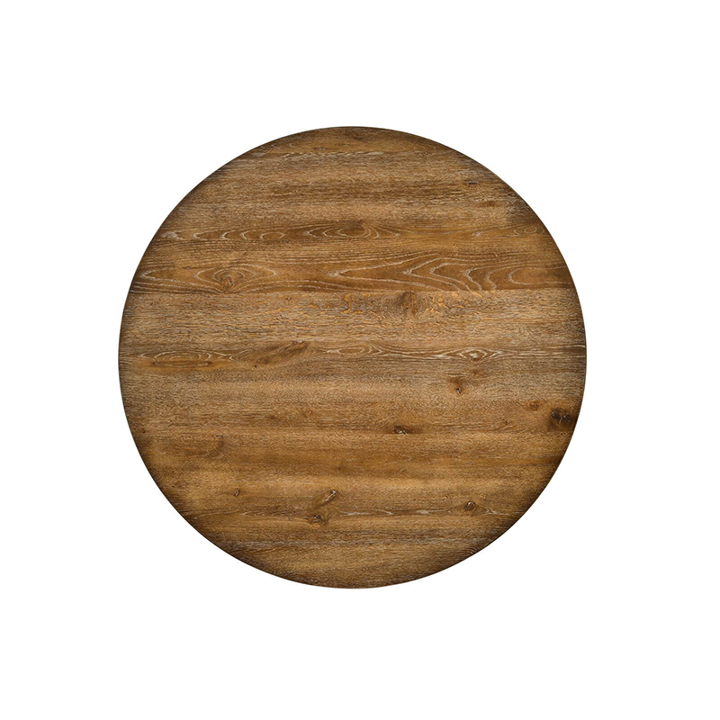 Front view of the rustic 48" round oak pedestal dining table showcasing its weathered finish.