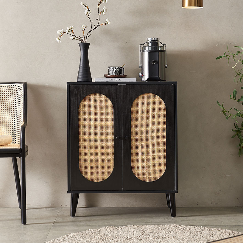 Front view of Katsura cabinet showing double rattan doors and Japanese minimalist detailing