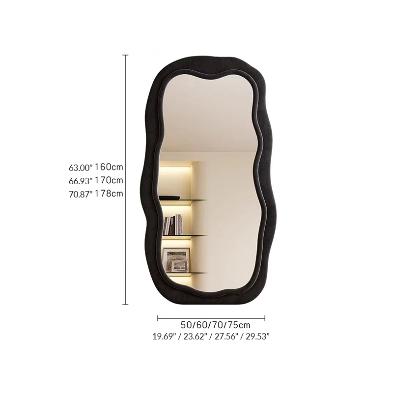 Elegant wavy black full-length mirror showcasing its unique wave design in a bright living room.