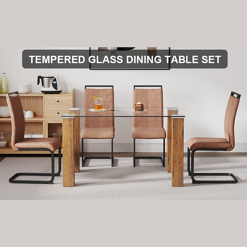 Close-up of the elegant glass top and natural wood wash finish of the dining table, highlighting its stylish features.