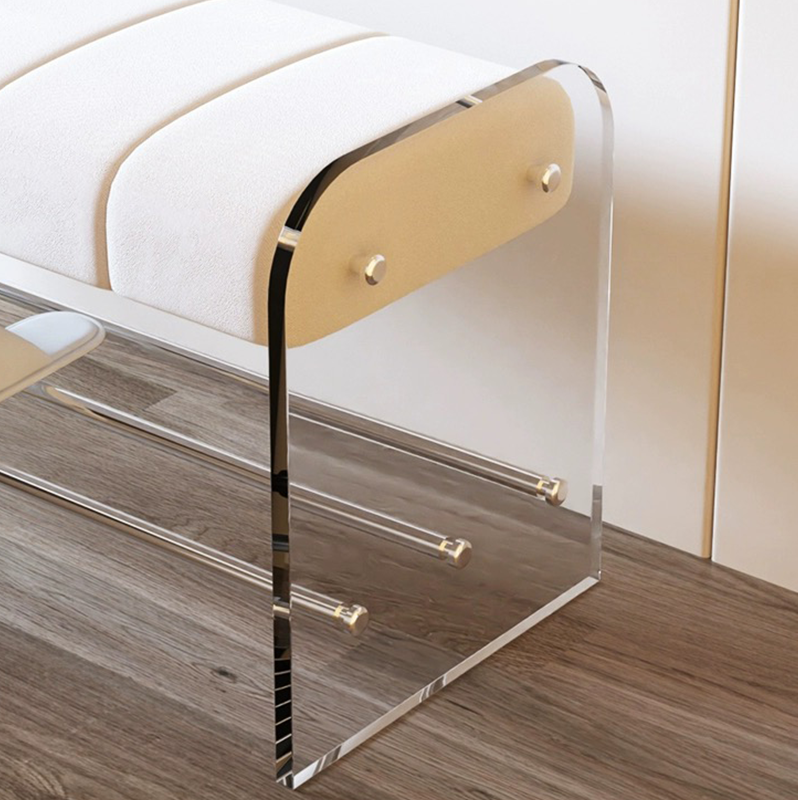 Luxe Transparent Acrylic Bench displayed in an entryway with shoes.