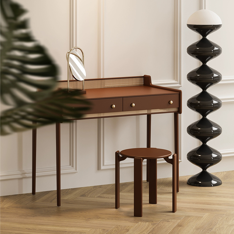 Close-up of the modern vanity set for bedroom, highlighting the solid wood finish and elegant rattan details.