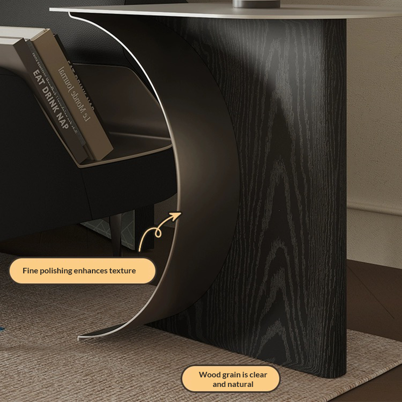 Close-up of the premium iron tabletop of the Crescent Moon Coffee Table highlighting its heat and scratch-resistant features.