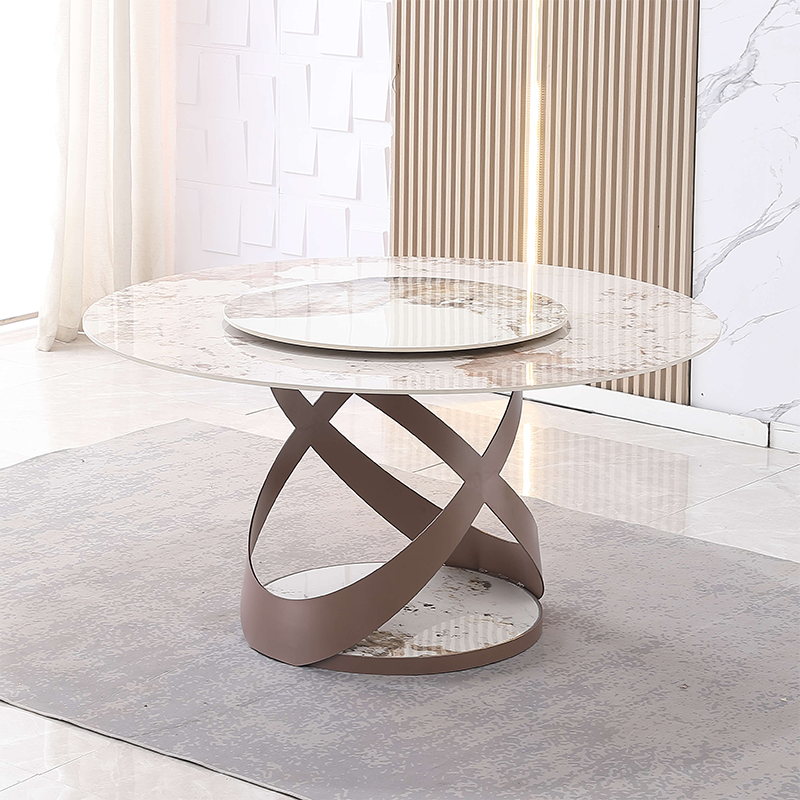 Close-up of the glossy sintered stone tabletop showing its smooth finish.