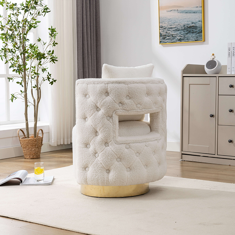 Chic modern cream swivel accent barrel chair showcasing its tufted back and gold base.