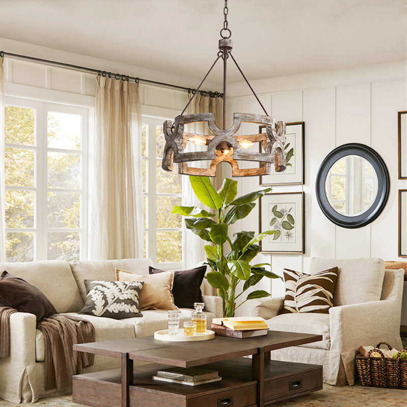 Chandelier installed in a dining room setting, enhancing the rustic decor with warm LED lighting.