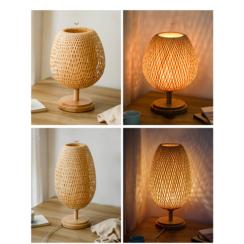 Close-up of the bamboo lampshade highlighting the intricate craftsmanship.
