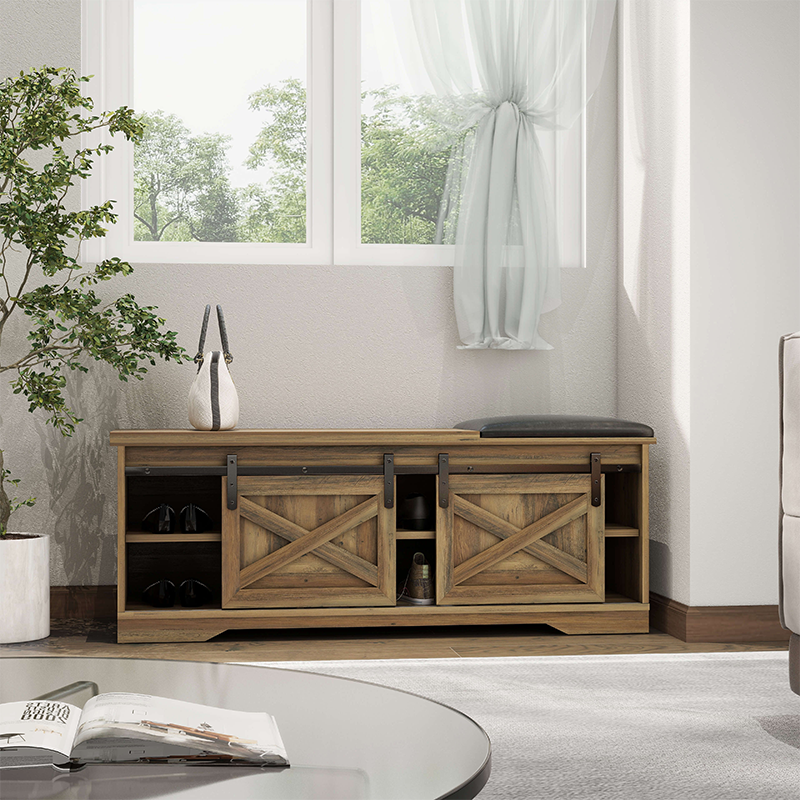 Storage bench in a stylish entryway, holding shoes and providing seating