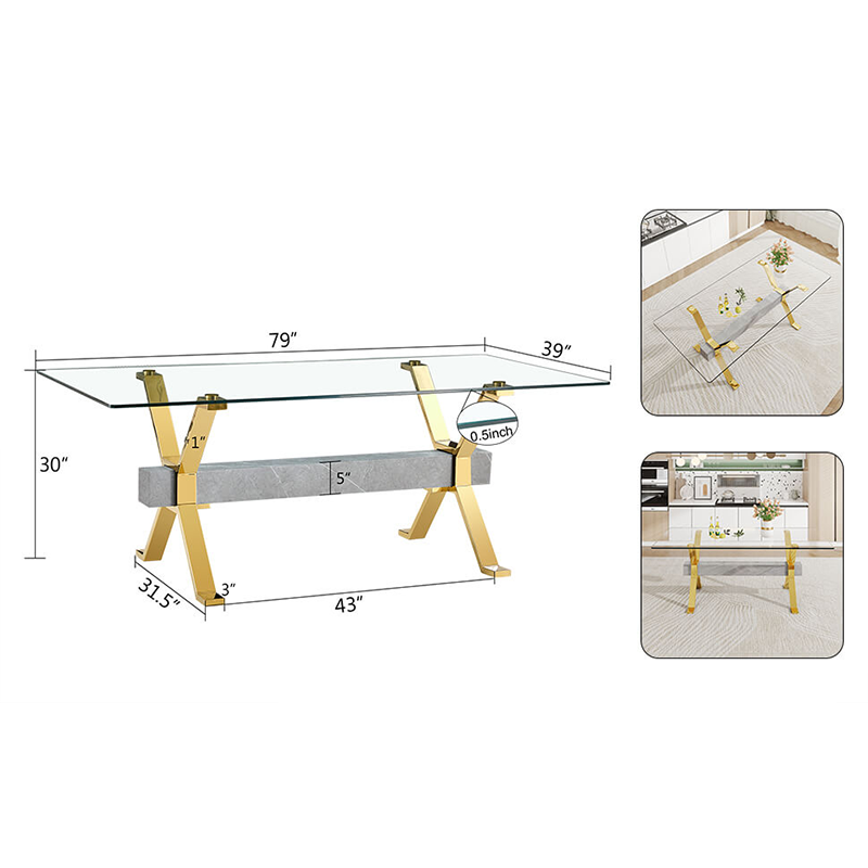 Close-up of gold-plated metal legs and glass edge detailing on the dining table
