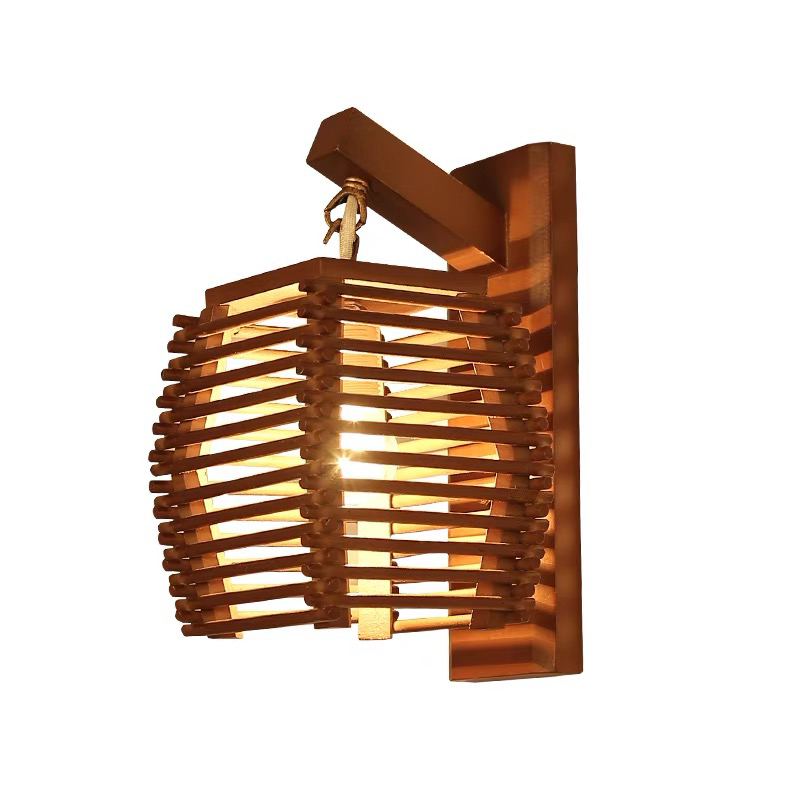 Elegant bamboo lantern wall lamp showcasing natural wood finish in a cozy living room setting.