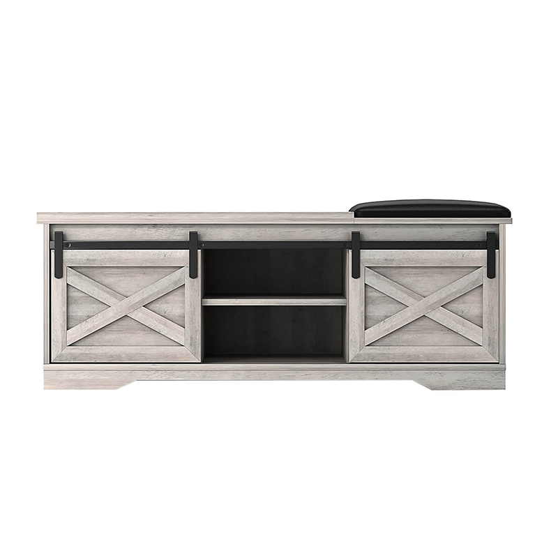 Entryway storage bench featuring comfortable seating and spacious shoe storage.
