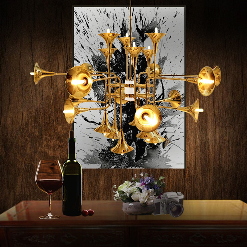 Close-up of the Nordic Brass Horn LED Chandelier highlighting its intricate brass details.