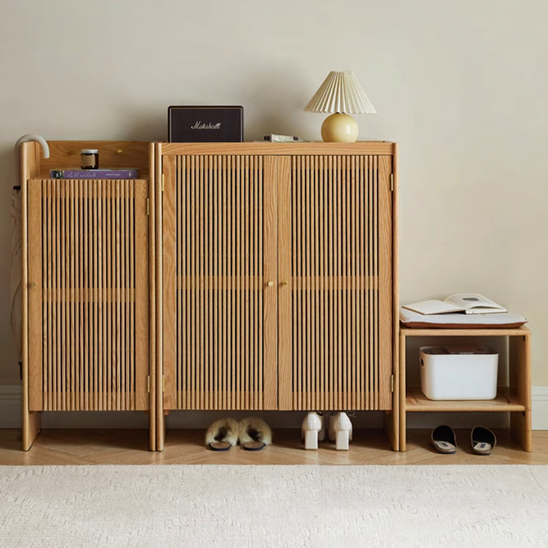 Front view of the adjustable wooden shoe storage cabinet, highlighting its sleek design and functionality.