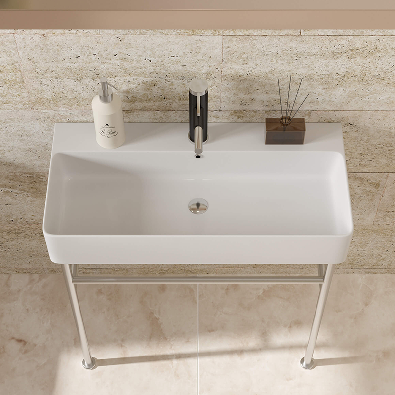 32" Modern White Ceramic Bathroom Console Sink with Polished Nickel Legs - Image 3