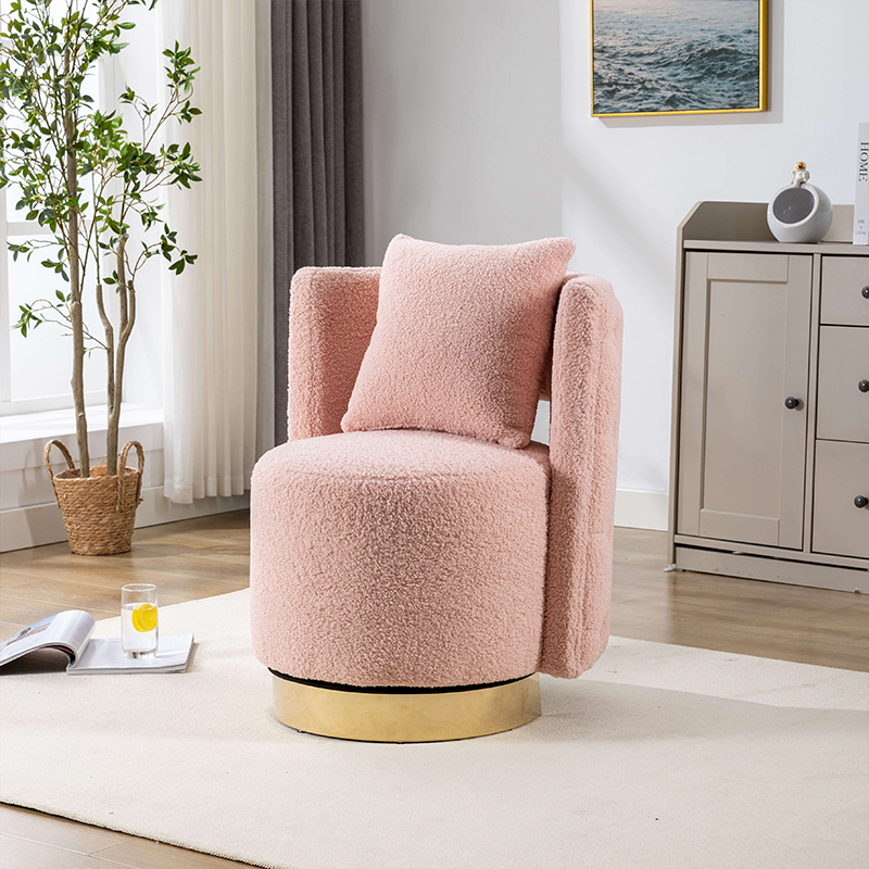 Front view of the pink upholstered swivel vanity stool showing tufted back and gold base.