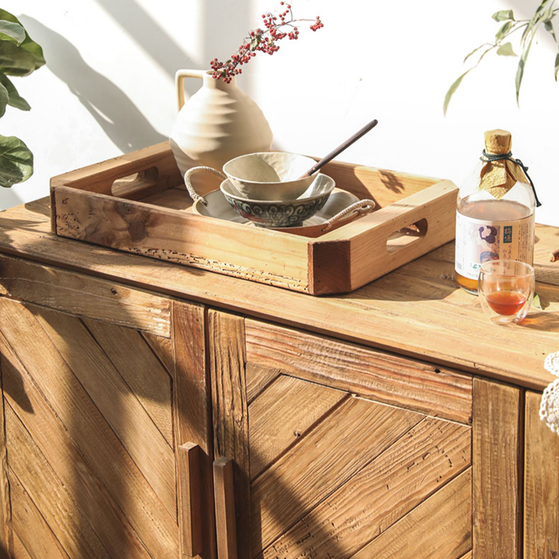 Side profile of the wood cabinet highlighting the rustic elegance and dimensions for dining room use.