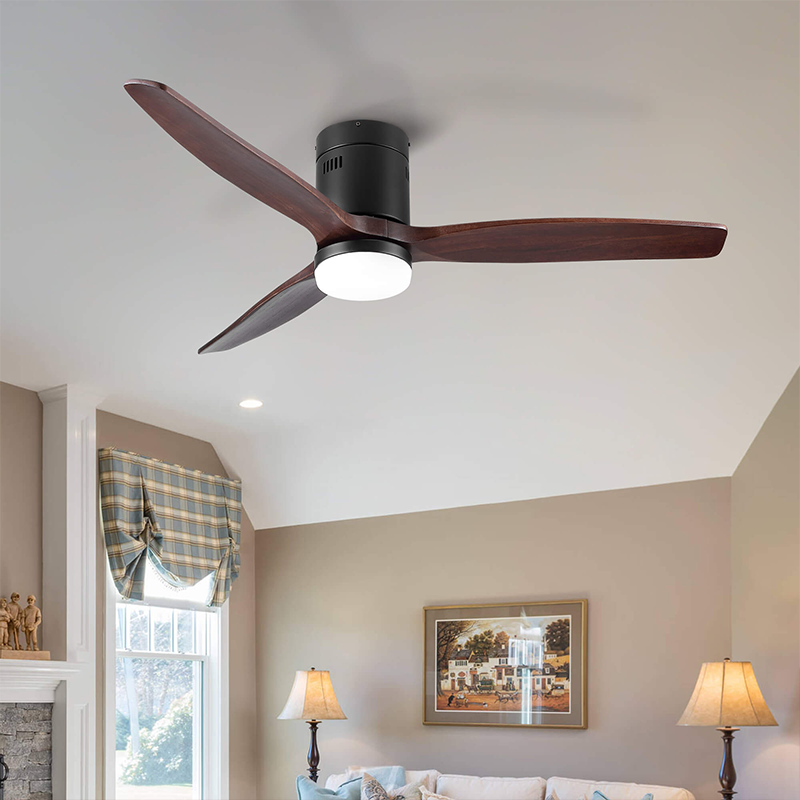 The dimmable LED light feature of the ceiling fan illuminated in a cozy living room setting.