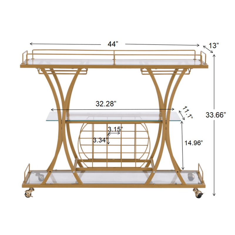 Elegant gold bar cart with tempered glass, showcasing wheels and wine rack from a side angle.