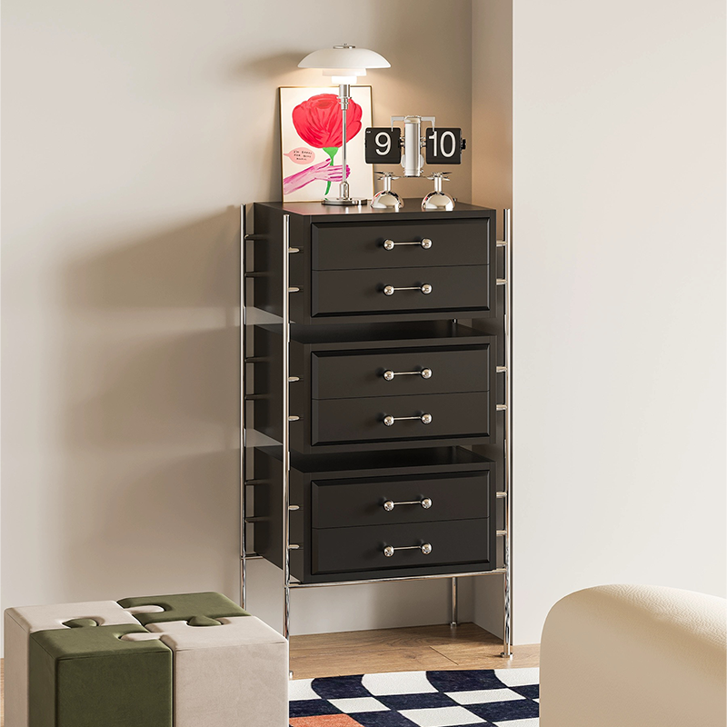 Close-up of the sturdy steel frame of the storage cabinet with a waterproof wood top.