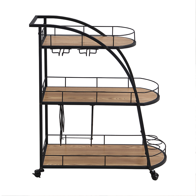 Black industrial 3-tier mobile bar cart showcasing wine bottles and glassware.