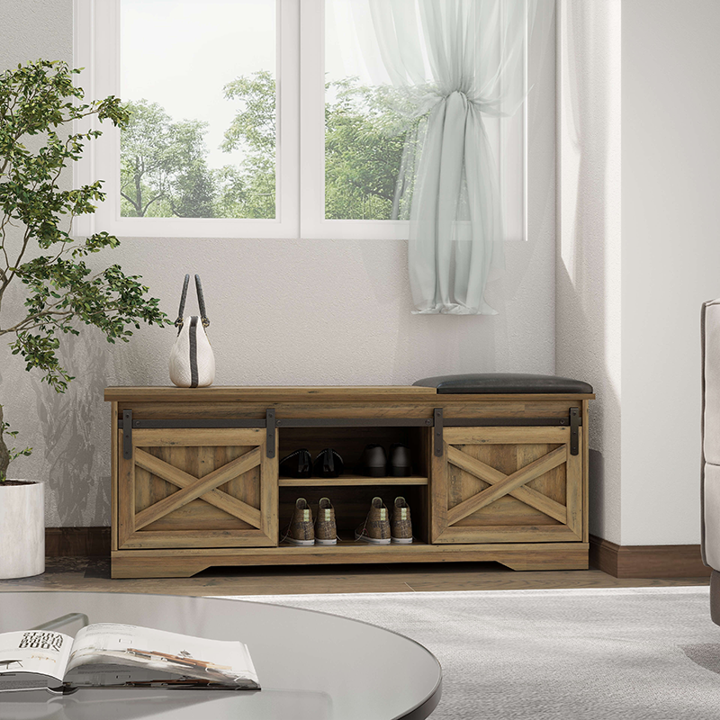 Light brown shoe bench for entryway with sliding doors and comfortable seating