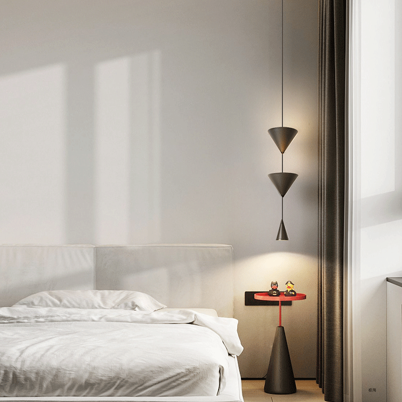 Close-up of LED light ring on the cone-shaped pendant light, highlighting its contemporary design.