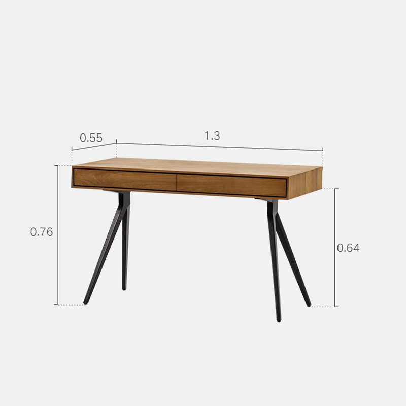 Front view of the modern minimalist teakwood two-drawer writing desk showcasing its sleek design.