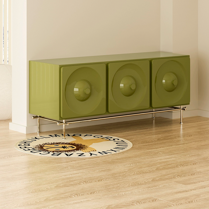 A close-up view of the cabinets metal base and drawer handles, highlighting the quality craftsmanship.