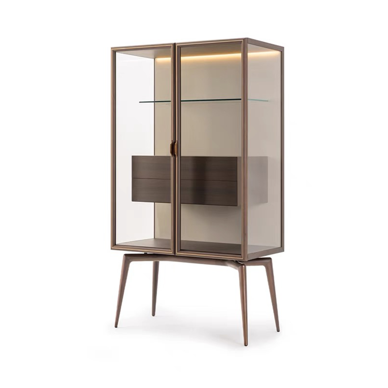 Front view of the elegant Italian glass wine cabinet showcasing its sleek design and glass sides.