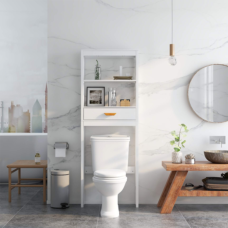Sleek white over-the-toilet cabinet showcasing its two shelves and drawer.