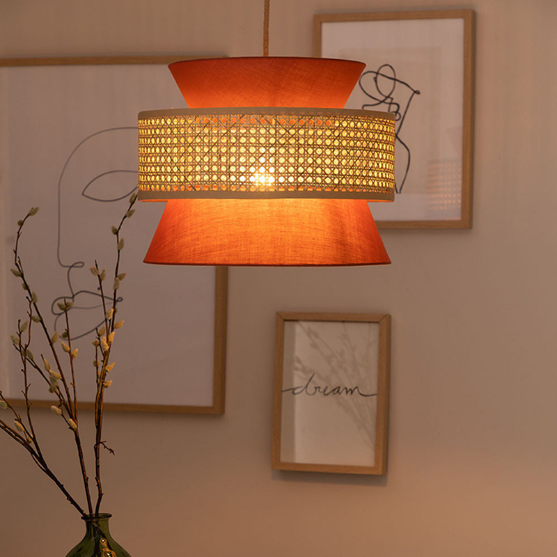 Close-up of handmade lighting showing woven bamboo detail with LED glow