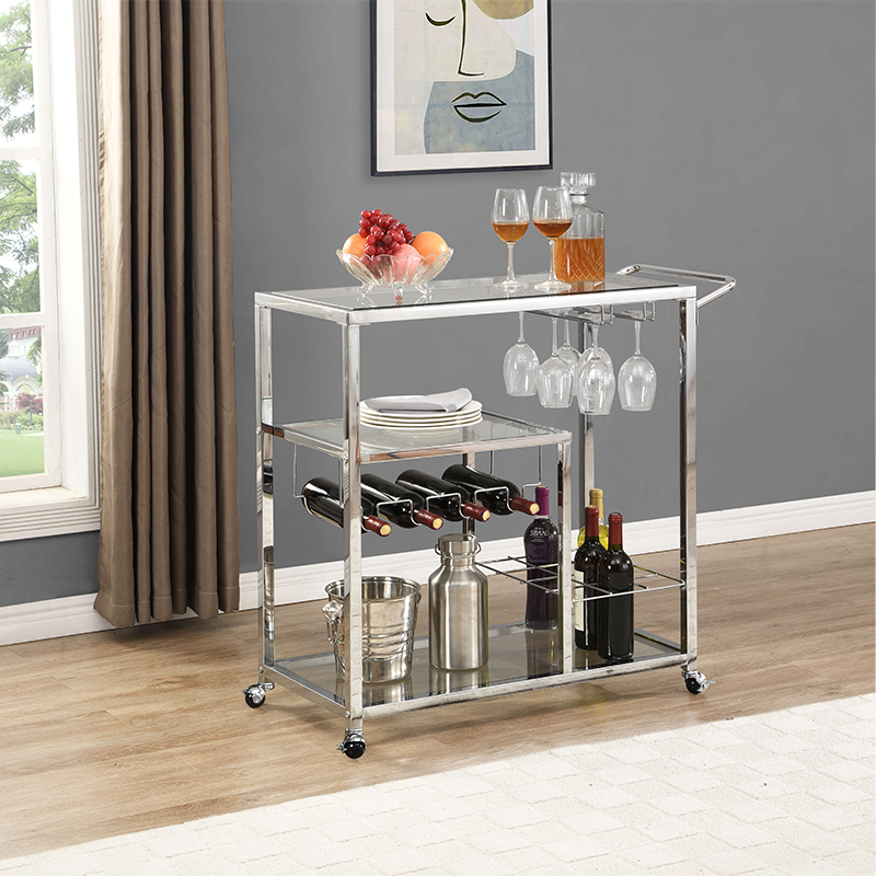 Sleek Silver Tempered Glass Bar Cart with Wine Rack - Image 2