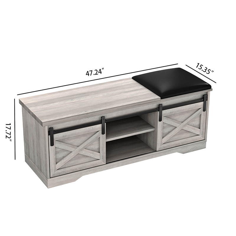 Modern gray walnut entryway storage bench with shelves and cushion, angled view.