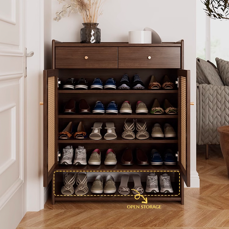 Angled front view showing natural wood finish and dual rattan doors on shoe cabinet