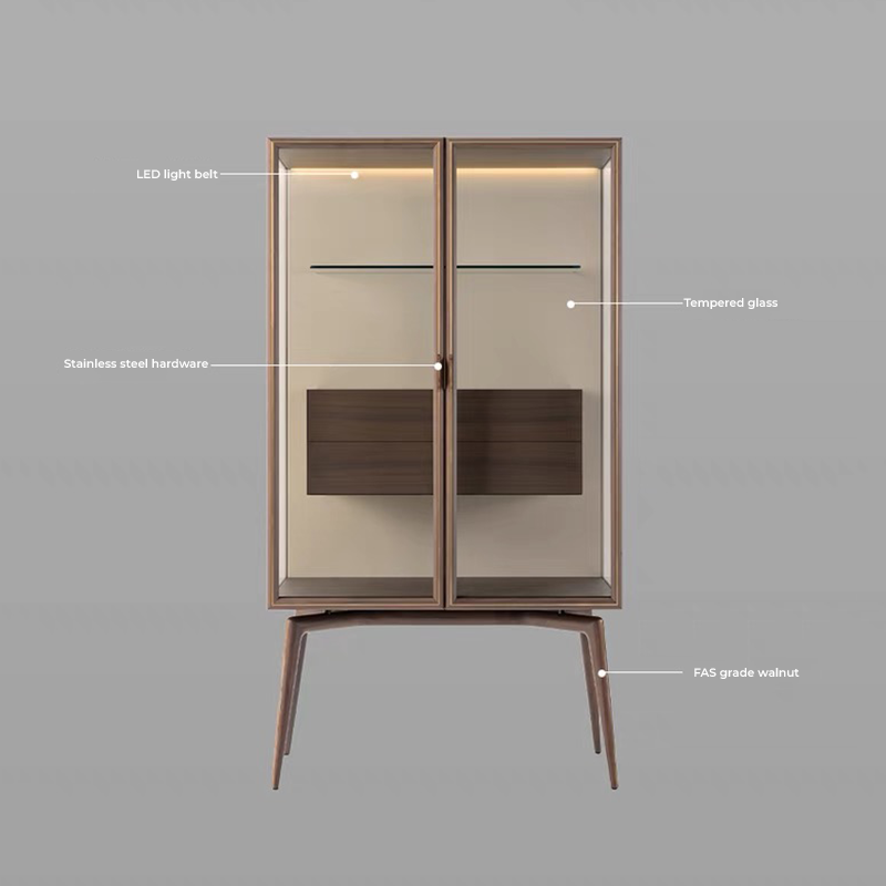 Side angle of the wine cabinet displaying its thin legs and spacious interior for wine storage.