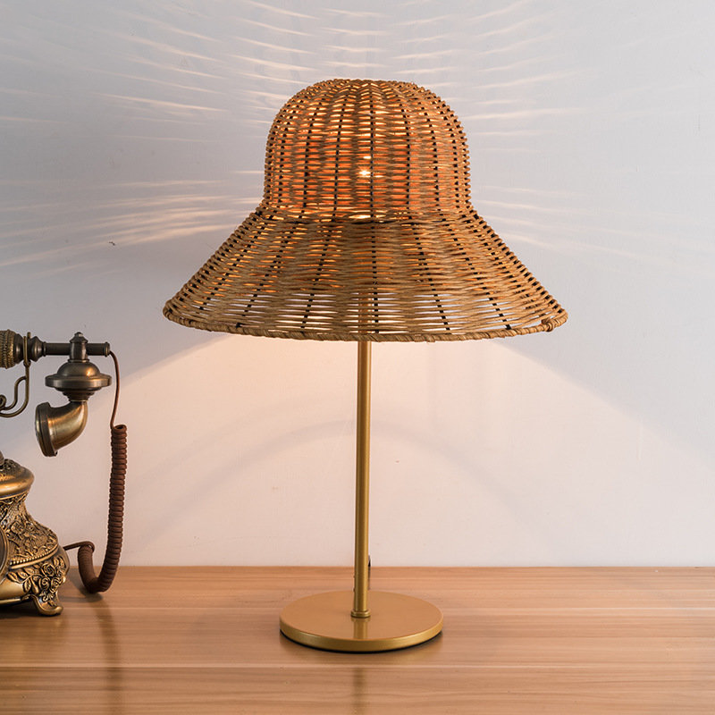 Close-up of the handwoven rattan lamp showcasing intricate weaving patterns.