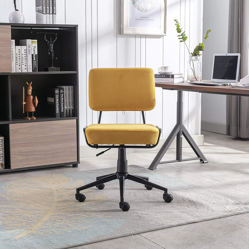 Side view of the adjustable height yellow swivel chair highlighting its 360-degree rotation and sturdy metal frame.