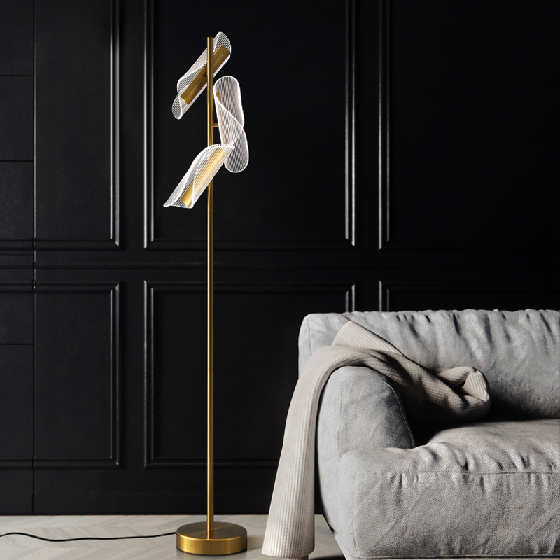 Stylish floor lamp with acrylic shade illuminating a modern living room.