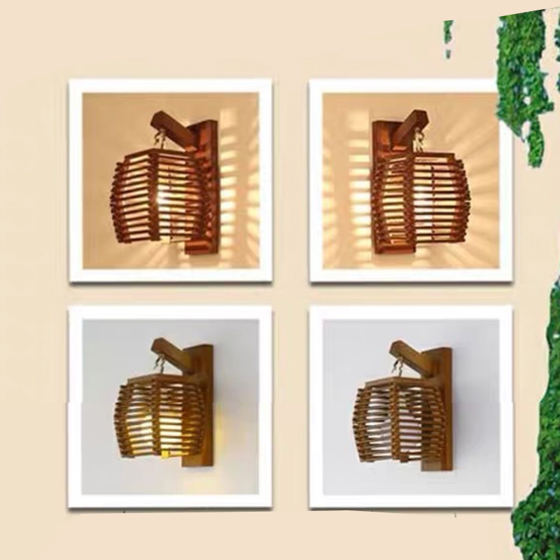 Close-up view of the bamboo wall lamp highlighting its intricate design and craftsmanship.