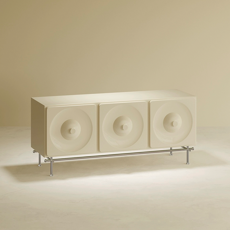 Front view of the elegant 3-drawer cabinet showcasing its stylish design and metal base.
