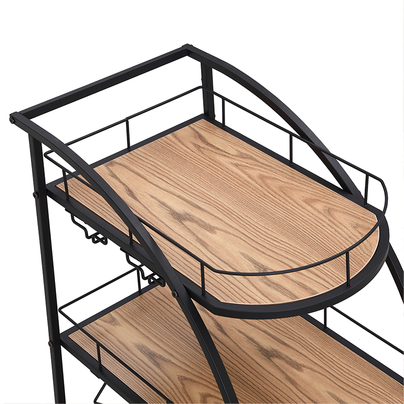 Black industrial 3-tier mobile bar cart showcasing wine bottles and glassware.