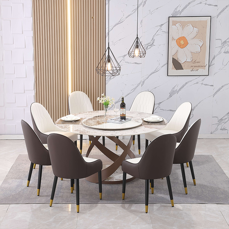 Elegant beige and yellow pedestal dining table set in a modern dining room.