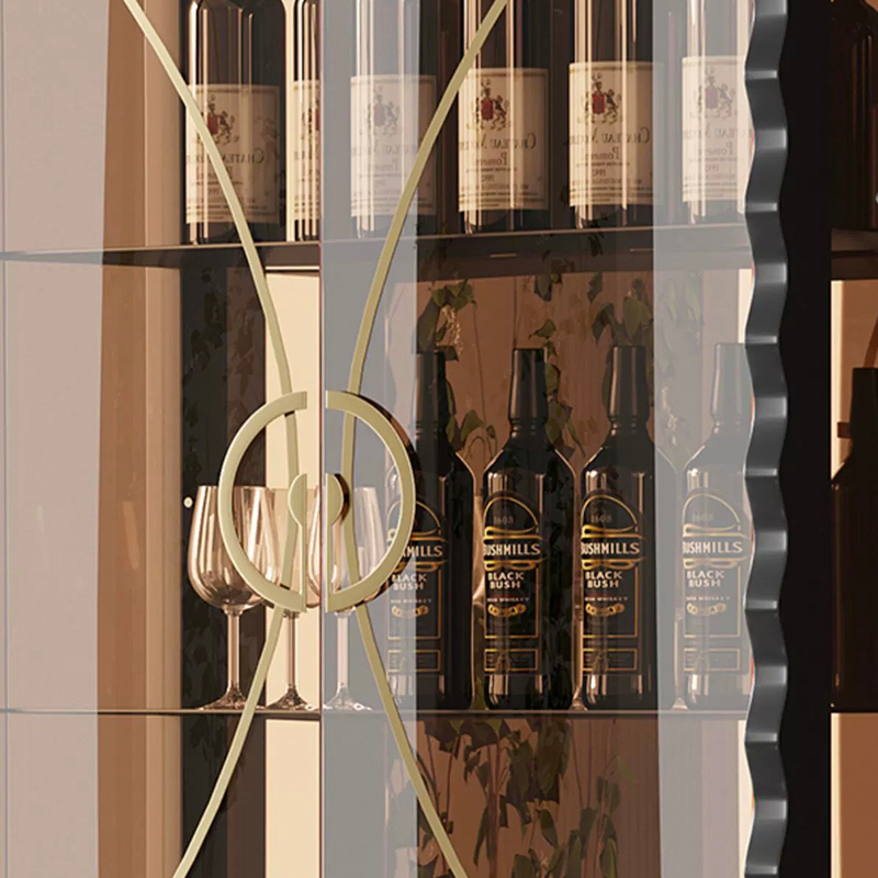 Side view of the tall wine display cabinet featuring sleek design and spacious shelves for wine storage.