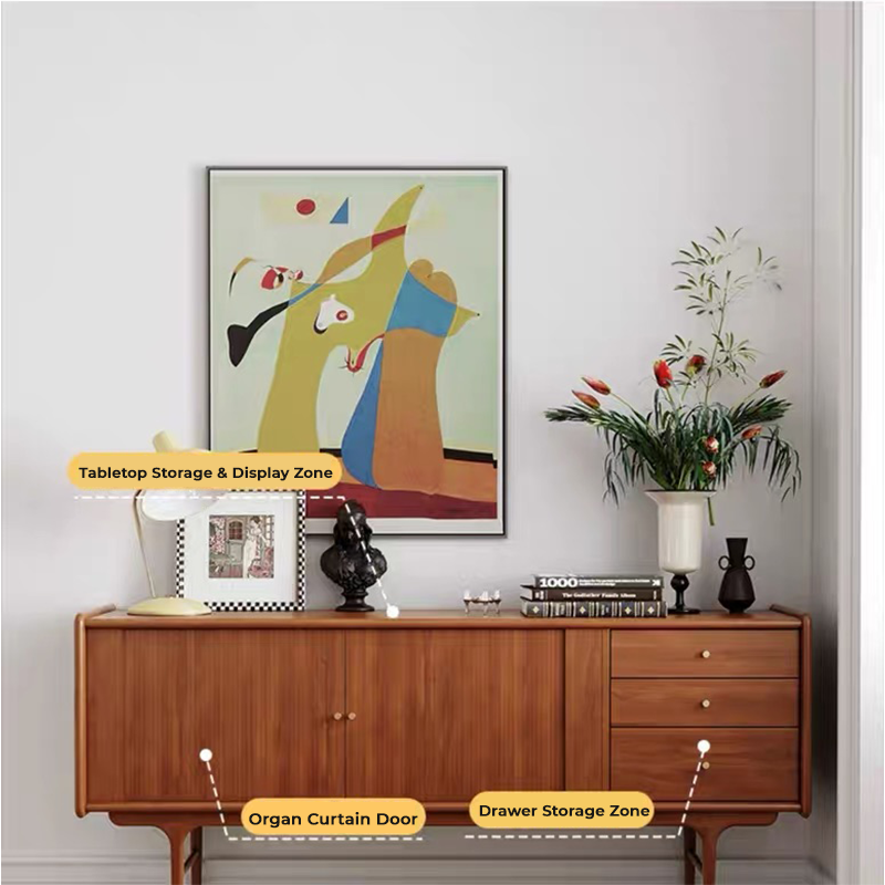 Side view of the wooden cabinet highlighting the unique brass knobs and solid wood construction.