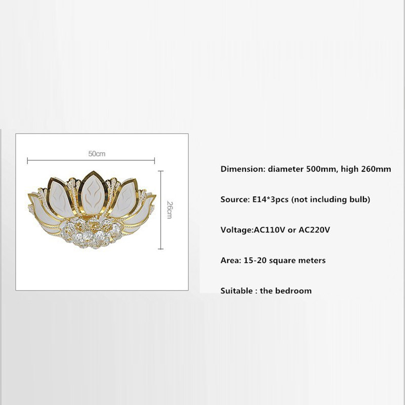 Elegant gold lotus flower ceiling light showcasing its crystal shade in a stylish living room.