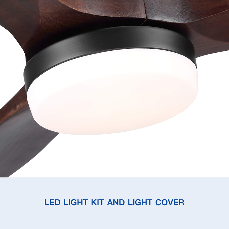 A close-up view of the walnut finish on the modern LED farmhouse ceiling fan, showcasing its sleek design.