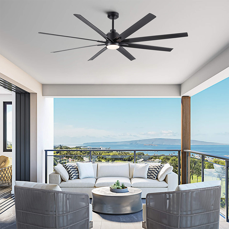 Angle view of 72-Inch Matte Black LED Farmhouse Ceiling Fan in a living room setting.