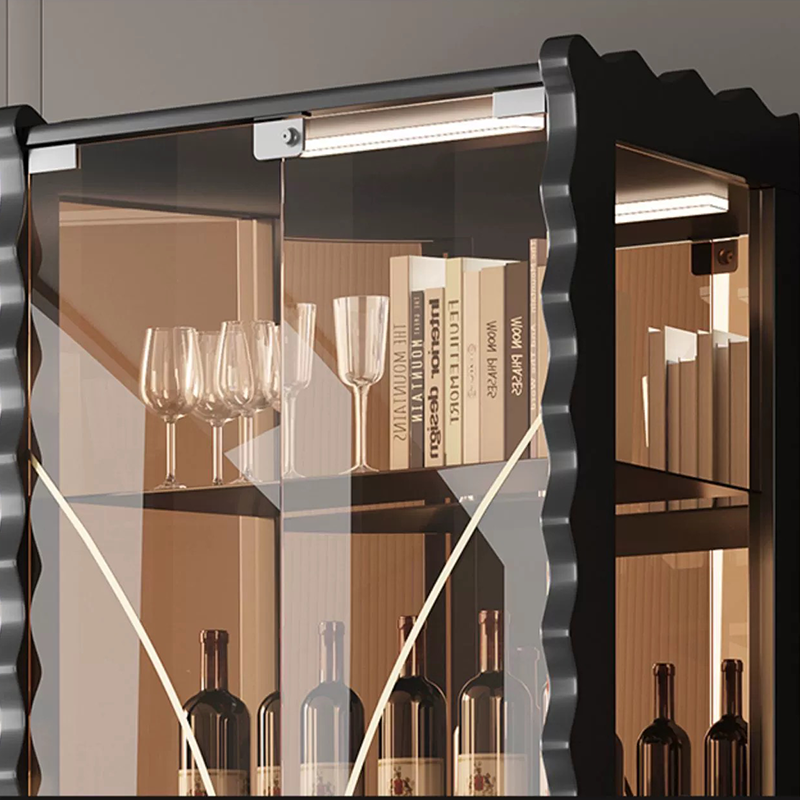 Elegant modern glass wine cabinet showcasing multiple wine bottles inside with glass doors.