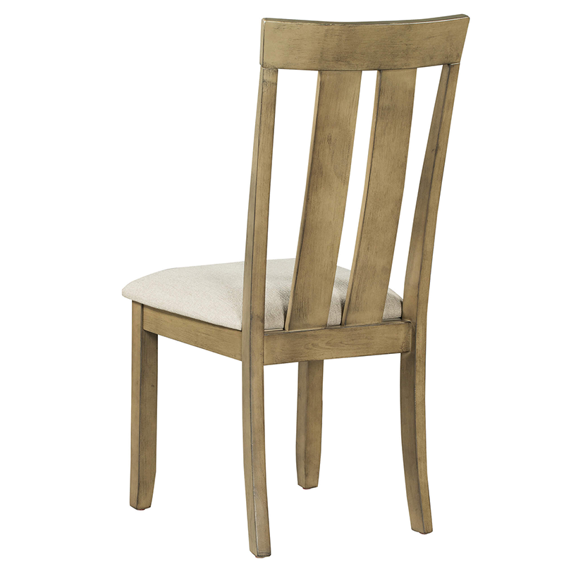 Close-up of the dining sets natural wood grain and soft fabric