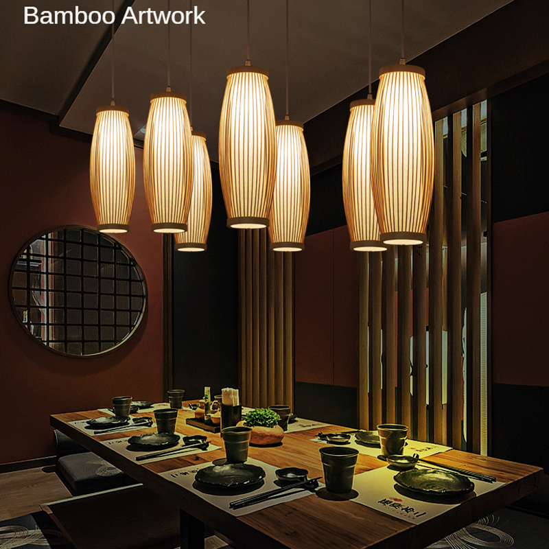 Close-up of the bamboo lamp showcasing its intricate handwoven design.